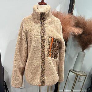 Olivaceous Tan Teddy Jacket with Leopard Detail